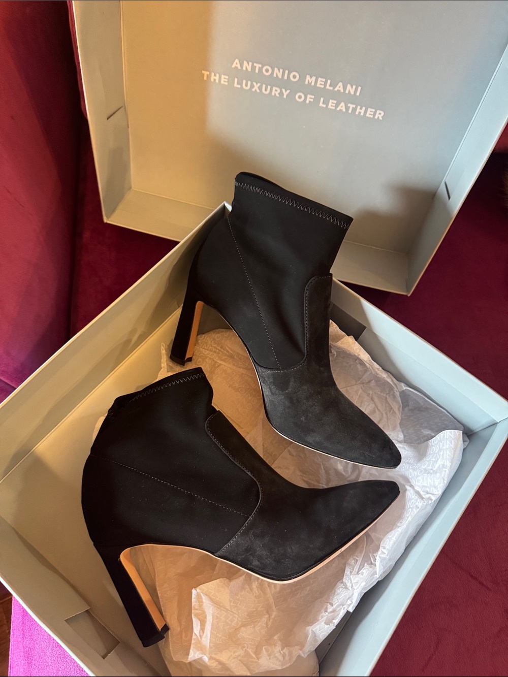 ANTONIO MELANI Black Suede Pointed Toe Ankle Booties Style Suzon size 7.5 - Picture 2 of 13